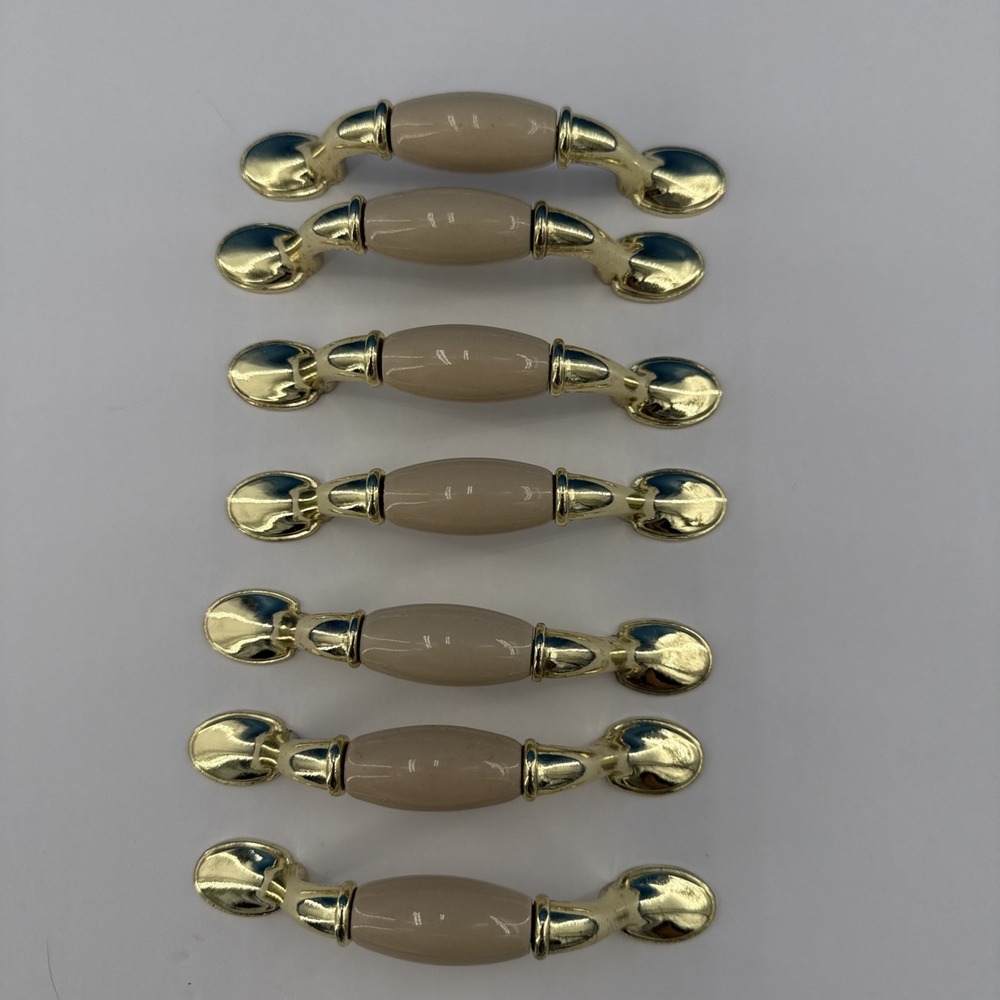 Drawer Pulls Cabinet Handles Set Of 7 Cream Ceramic Gold Brass Metal Ends